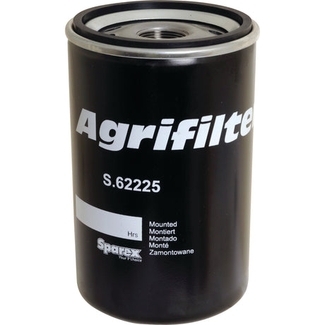 A Sparex black cylindrical hydraulic filter, labeled "S.62225" and featuring the text "Mounted, Montado, Montré, Zamontowane" along with "Spares," is designed for Case IH compatibility and is ideal for Fiat tractors.