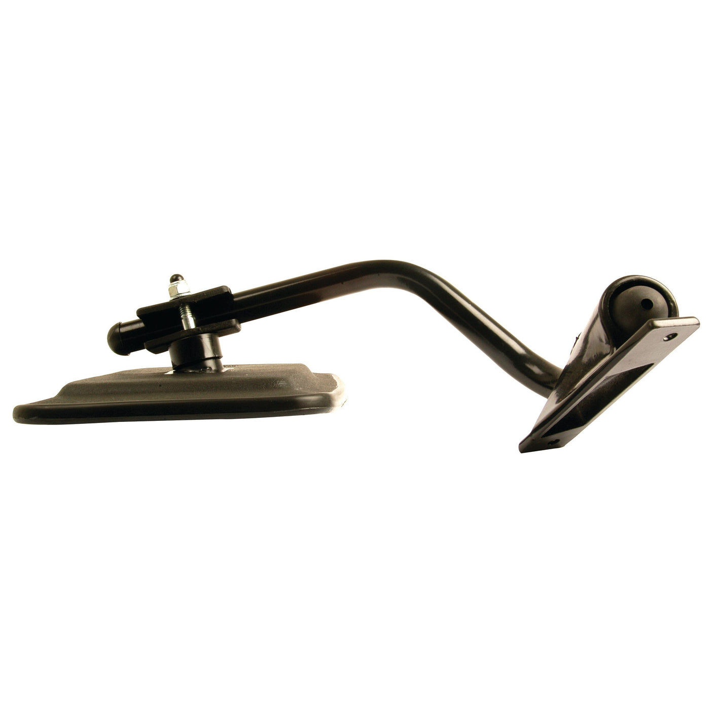 Side view of the Sparex Mirror Arm Assembly - Adjustable (380 - 530mm) RH, in black, featuring a rectangular mounting base and an adjustable arm, compatible with Sparex and Fiat 1180.