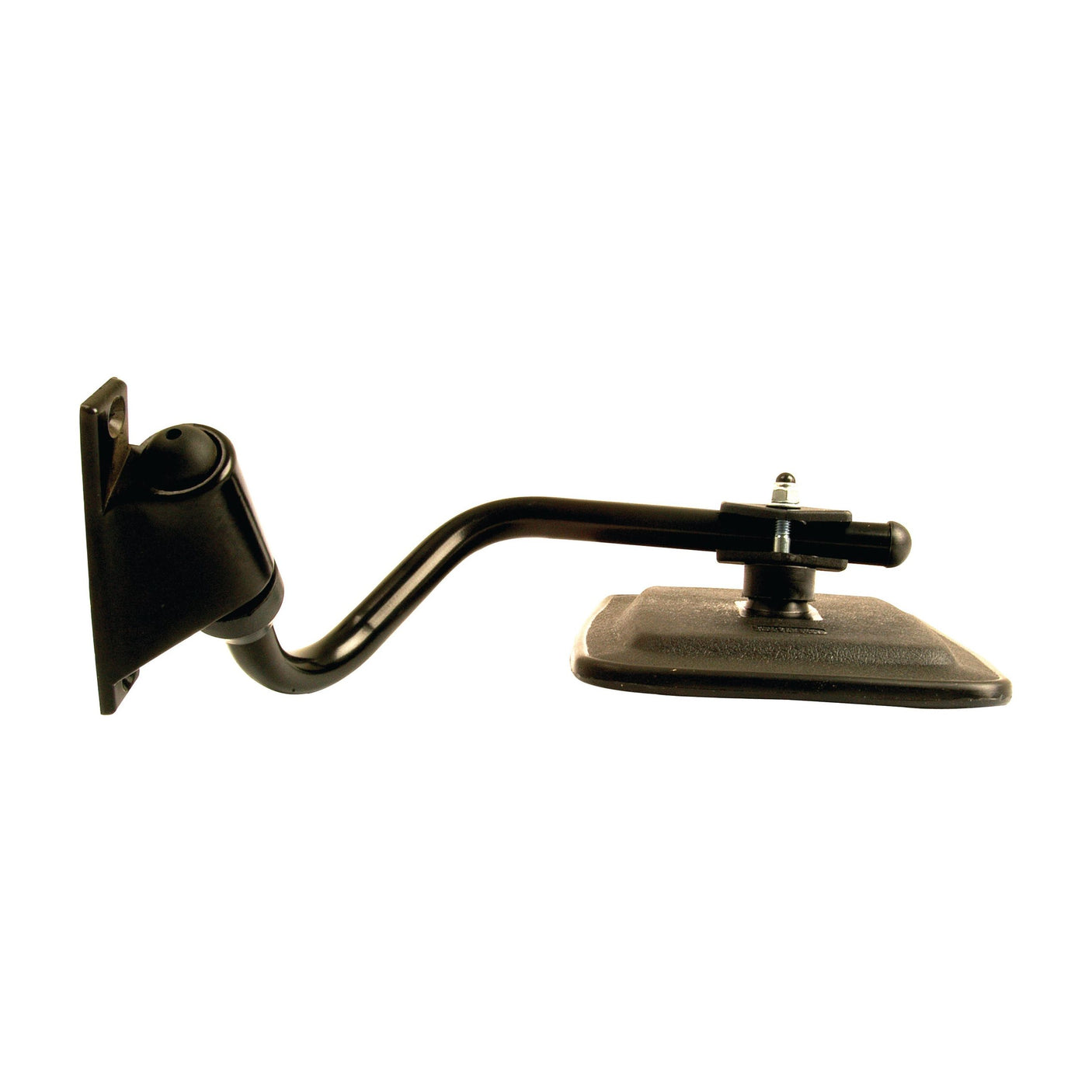 Side view of a black, Fiat-compatible Sparex Mirror Arm Assembly - Adjustable (380 - 530mm) LH with a rectangular platform, Part No. S.62238.