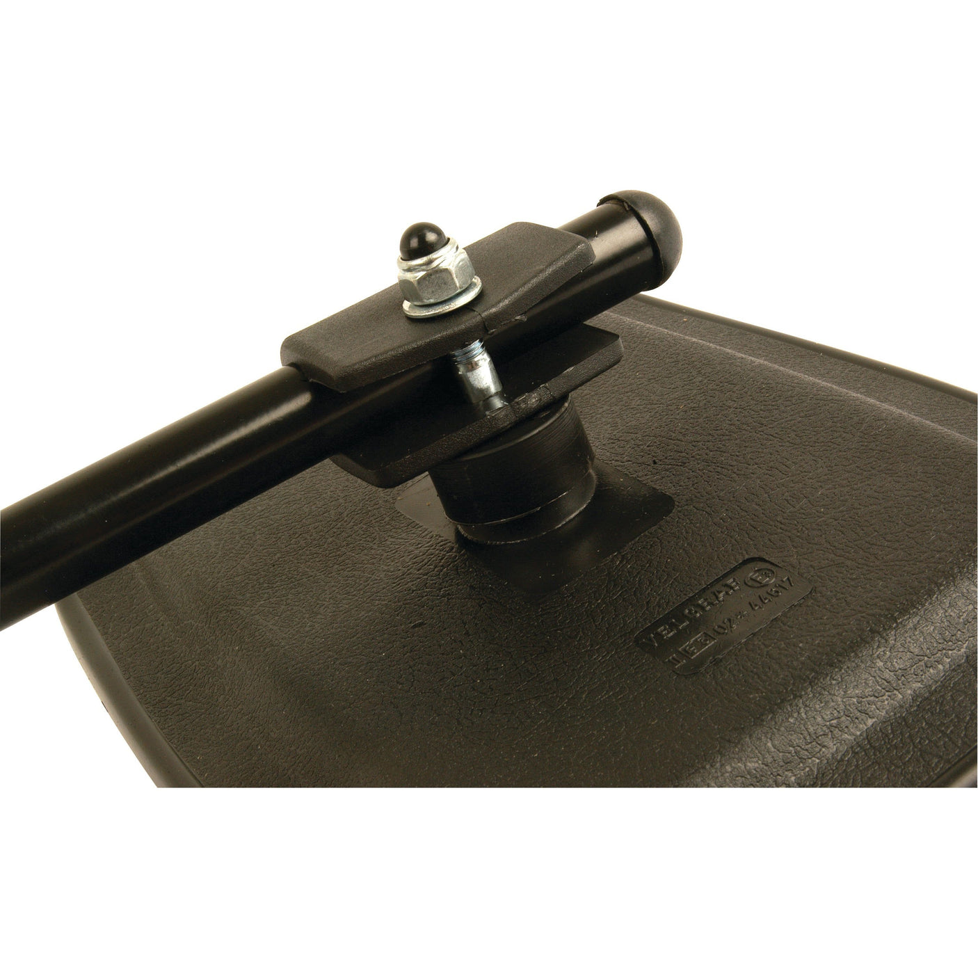 Close-up of the Sparex Mirror Arm Assembly - Adjustable (380 - 530mm) LH, featuring a black plastic component with a metal clamp and bolt, attached to an adjustable arm on a cylindrical rod. The background is white. Fiat compatible, Sparex quality.