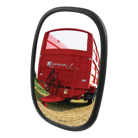 A Mirror Head - Rectangular, Convex, 250 x 170mm, RH & LH - S.6223 by Sparex reflecting a red agricultural trailer on grass.