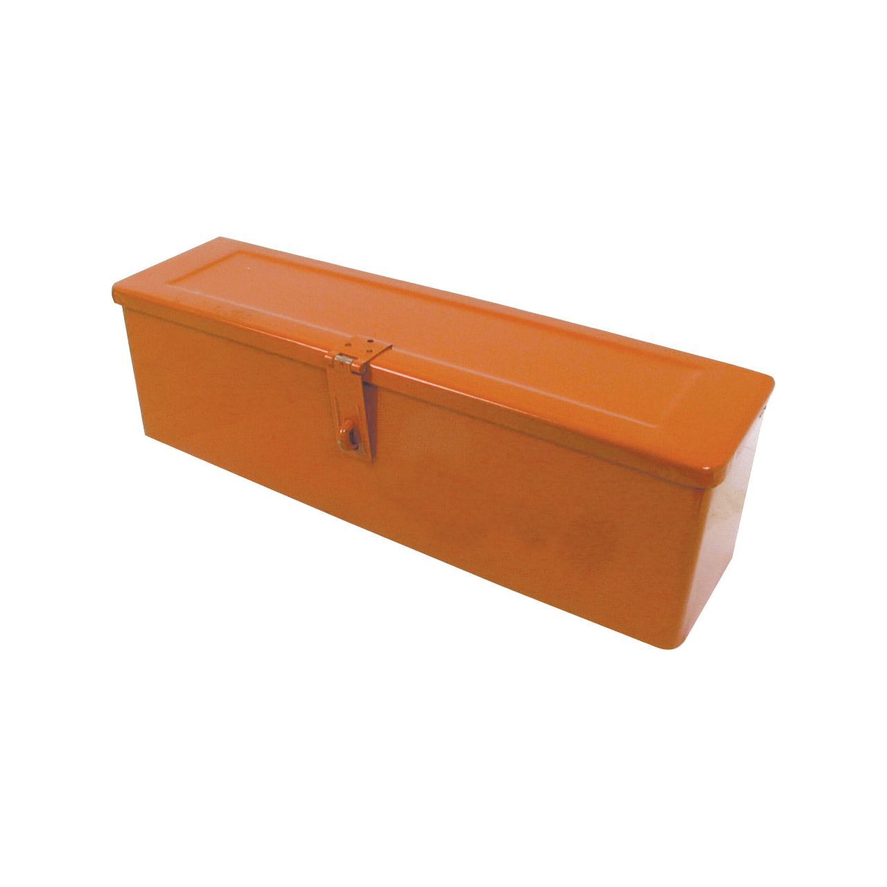 Rectangular orange metal toolbox with a center latch, ideal for Fiat owners. The Sparex Tool Box (Sparex Part No. S.62246) is perfect for keeping your tools organized and secure.