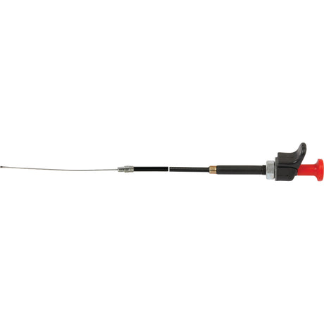 Close-up of the Sparex Engine Stop Cable, Part No. S.62267, featuring a red handle and elongated black shaft with an overall length of 990mm and outer cable length of 770mm, suitable for Fiat vehicles and ideal for retrieving items from tight spaces.