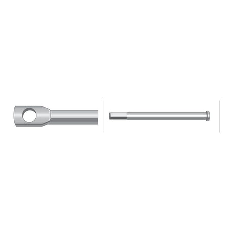 Two views of a cylindrical metal rod with a hole near one end: a side view showing the entire length and a detailed view focusing on the end with the hole, reminiscent of parts used in Sparex throttle cable assemblies, such as the Throttle Cable (Sparex Part No. S.62268) with an overall length of 1030mm and an outer cable length of 850mm.