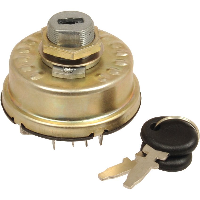 A round metal Ignition Switch | Sparex Part No. S.62279 with a key inserted and another key with a black plastic cover placed next to it, from the brand Sparex.