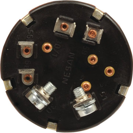 Close-up of a black circular electrical component with multiple screws and terminals labeled with numbers and letters. The component, marked "Sparex," resembles a light switch or ignition switch and is identified as Ignition Switch | Sparex Part No.S.62279.