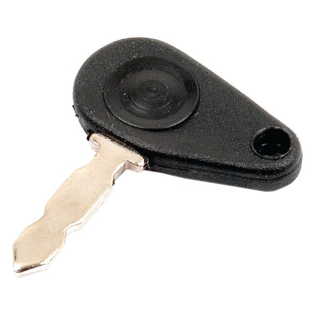 The Ignition Key | Sparex Part No. S.62282, designed as an ignition key for Fiat tractors, features a metal key with a black plastic handle that has a rounded, elongated shape, complete with a circular indentation on the top and a small hole near one end.