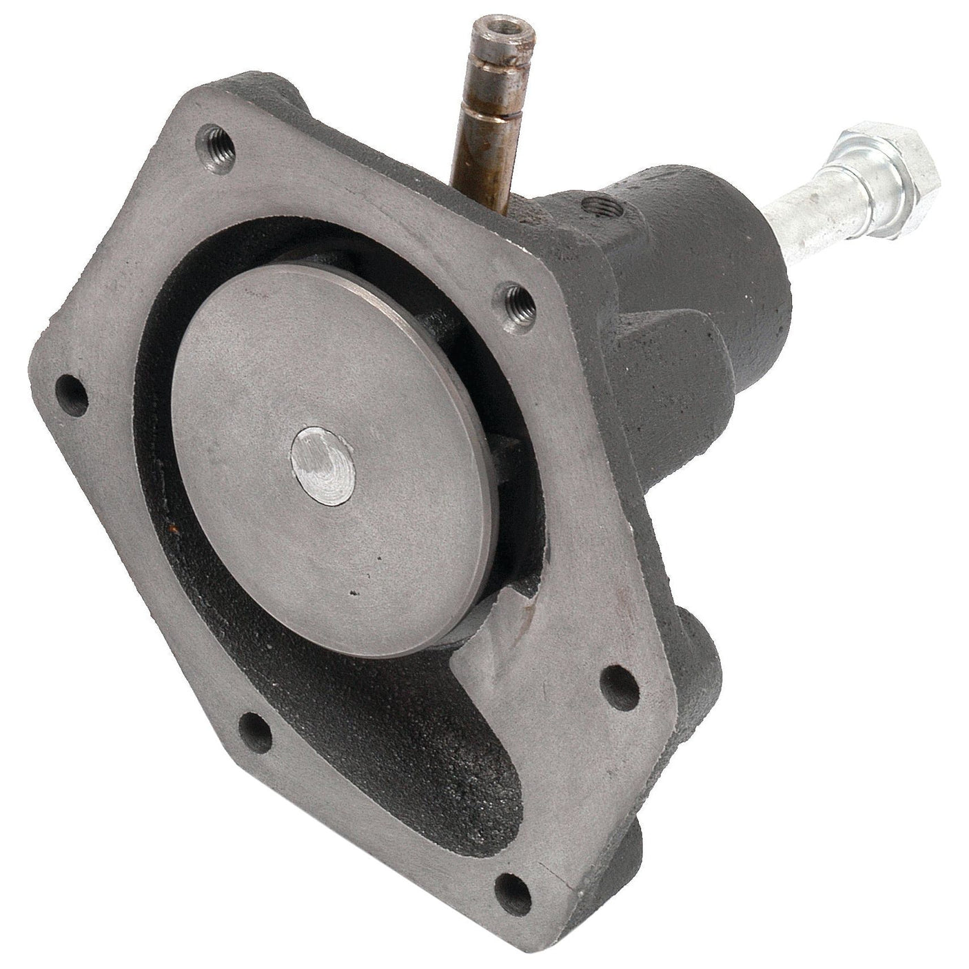 The Water Pump Assembly (Sparex Part No. S.62297) by Sparex is an industrial-grade mechanical component featuring a round, central part and a protruding bolt, all coated in dark metal, designed for robust applications.