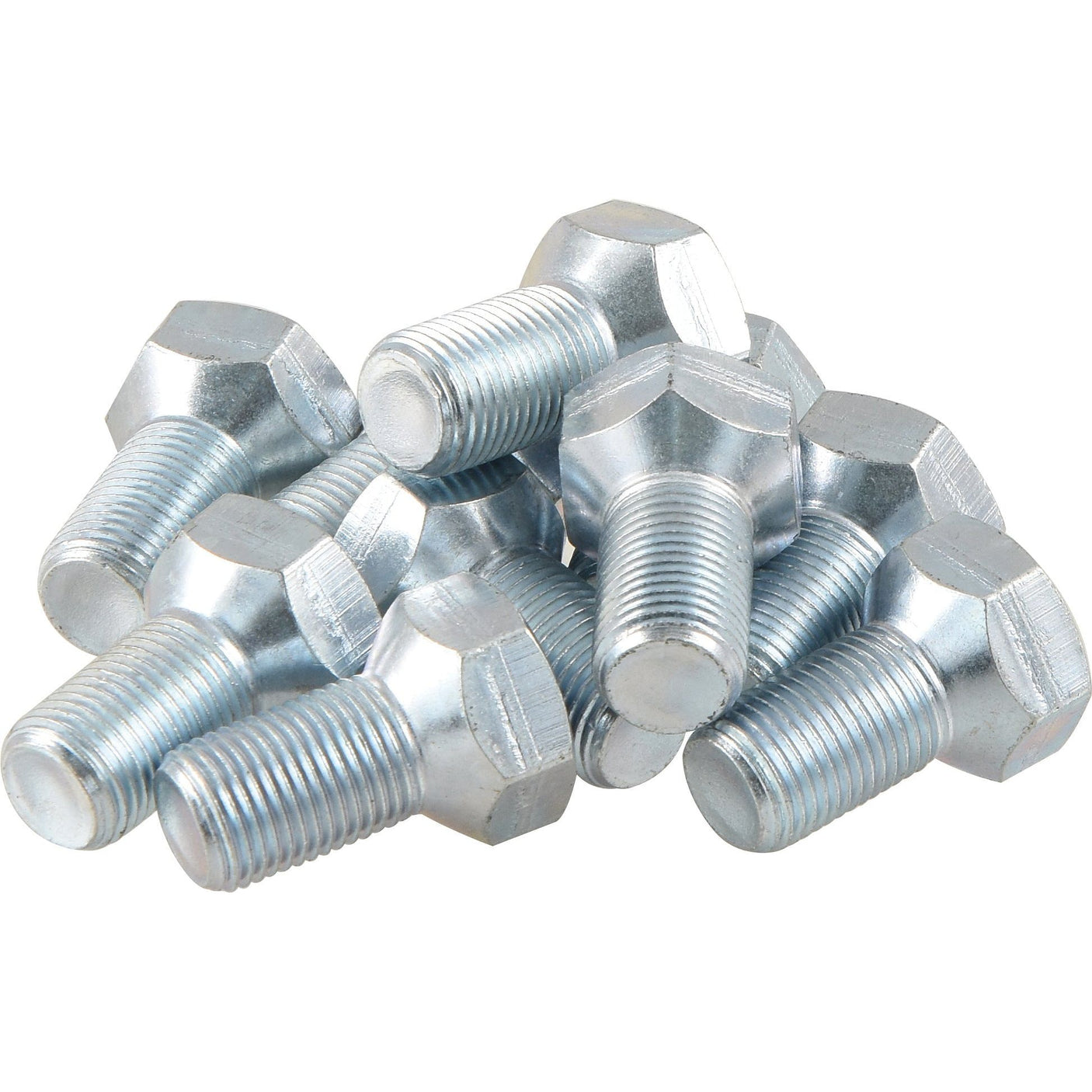 A cluster of ten metallic hex bolts, including some metric sizes such as the Cone Wheel Bolt M16 x 1.5 x 40mm by Sparex (Part No. S.62298), are arranged together in a pile.