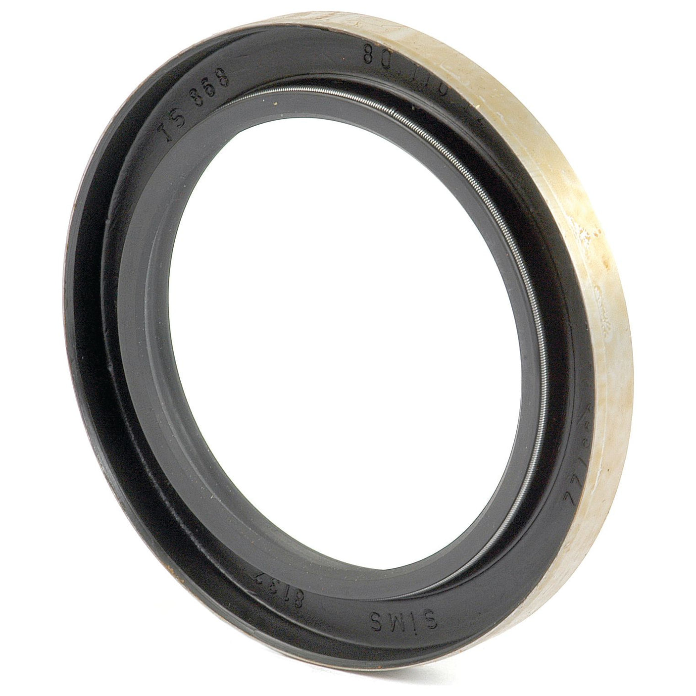 Close-up of a circular mechanical oil seal with a rubber inner ring and a metallic outer surface, marked with numbers and letters. This Metric Rotary Shaft Seal (80 x 110 x 12mm), identified as Sparex Part No.S.62312, is part of the Sparex collection and is compatible with various tractor models.