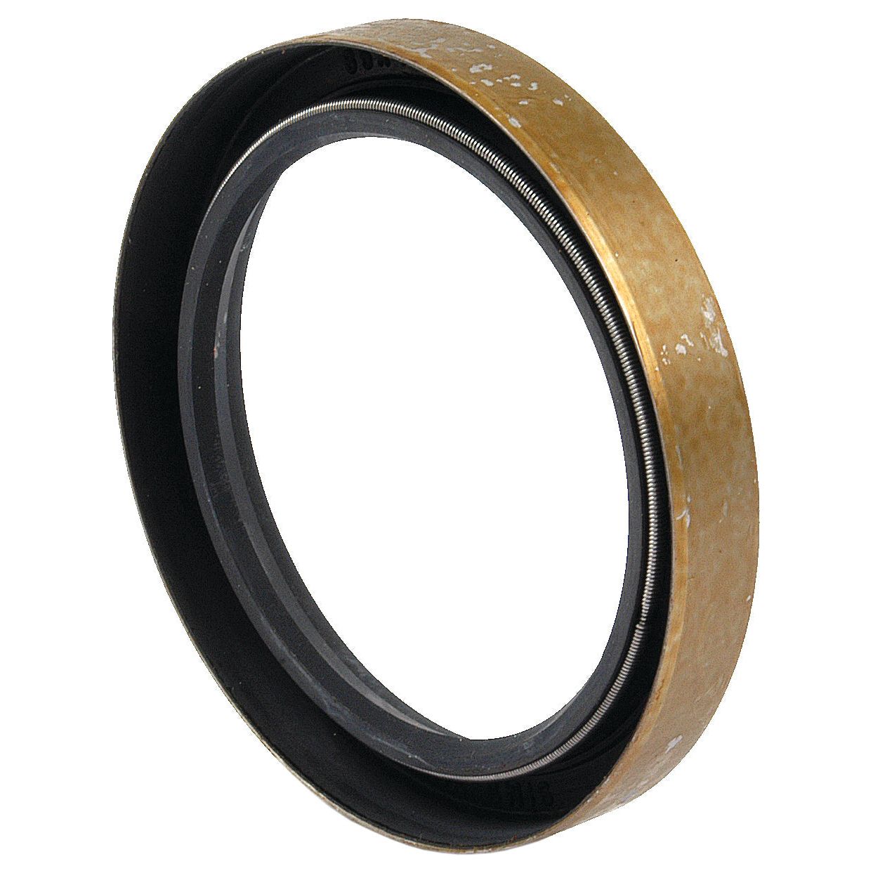 A Sparex Oil Seal, 85 x 110 x 16mm (Part No.S.62318), with signs of wear, featuring a metal outer surface and a rubber inner ring, commonly used in Fiat rear axles.