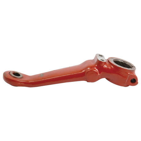 The Sparex Hydraulic Lift Arm (Part No. S.62324) is a red metal lever featuring a gear-like opening on one end and a flat hole on the other, likely intended as a mechanical component for Fiat Tractor Parts.