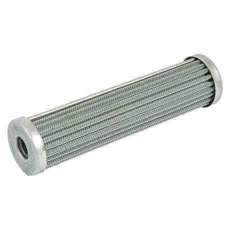 A cylindrical metal filter with pleated mesh and metal caps on both ends, designed for use in a filtration system. Ideal as a power steering filter, it’s compatible with Fiat tractor parts and available through Sparex under the name Power Steering Filter - Element (Sparex Part No. S.62333).