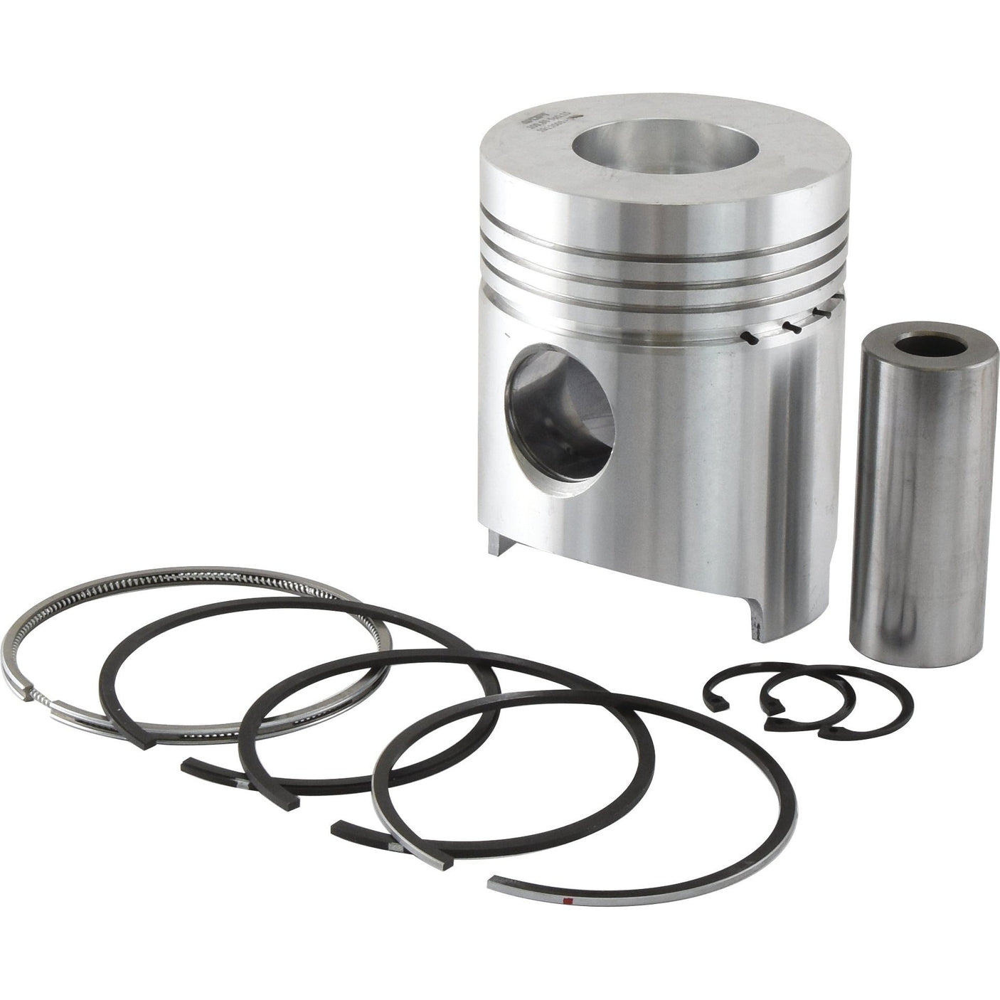 A Piston & Ring Set by Sparex (Part No. S.62334), including a metallic piston, piston rings, retaining clips, and a wrist pin, is arranged on a white background, showcasing an intricate design that factors in optimal compression height.