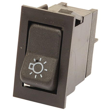 The Indicator Switch by Sparex (Part No. S.62341) is a black rectangular rocker switch featuring a white light bulb icon, signaling that it controls a light. This commonly used indicator switch in the Fiat 90 series is currently in the "off" position and is available through Sparex.