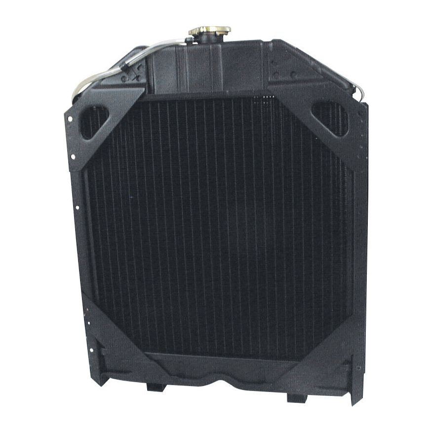 A Sparex Radiator - S.62342, featuring a black finish with a brass radiator cap, metal frame, and central cooling grid.