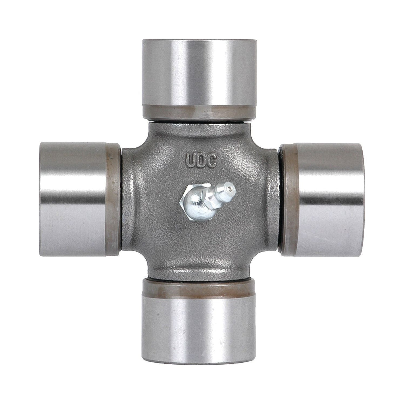 A Universal Joint 35.0 x 97mm (Sparex Part No. S.62346) with four cylindrical bearings extending from a central cross-shaped body, perfect for John Deere equipment and available from Sparex.