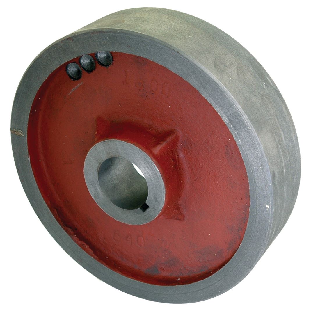 Introducing the Brake Drum (Sparex Part No. S.62360) from Sparex - an industrial metal wheel featuring a central mounting hole, painted red on the inside and gray on the outer rim, ideal for use with Universal Tractors.