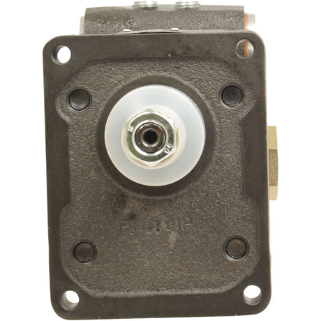 Close-up view of the front side of a mechanical part with a metallic cylindrical protrusion in the center and four screw holes in the corners of a rectangular frame, likely from Sparex Power Steering Hydraulic Pump (Sparex Part No.S.62362).