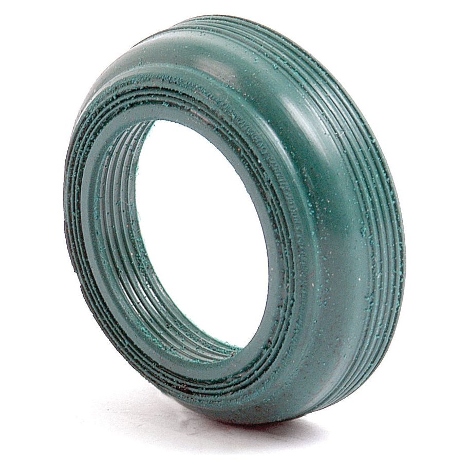 Close-up of a green rubber Sensor Shaft Seal, Sparex Part No. S.62369, featuring multiple ridges and a central hole. Compatible with Ford New Holland machinery, it's used for preventing fluid leakage.