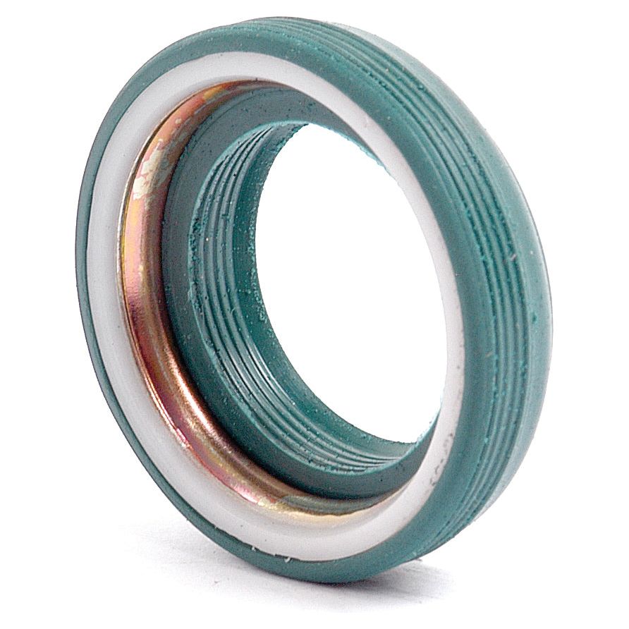 A close-up of the Sparex Sensor Shaft Seal (Part No.S.62369), featuring a green circular sealing ring with a white inner layer and a metallic center, designed for Ford New Holland Compatible machinery, displayed against a white background.