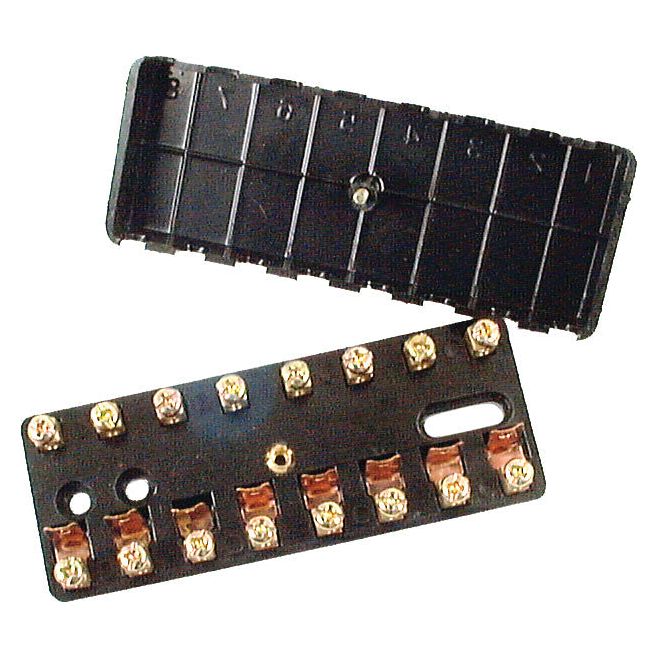 The Sparex Screw Terminal Fuse Box Fuse (Part No. S.62378), crafted from black plastic with brass screw terminals, is shown with its cover removed and positioned above it, making it ideal for a range of tractor models.