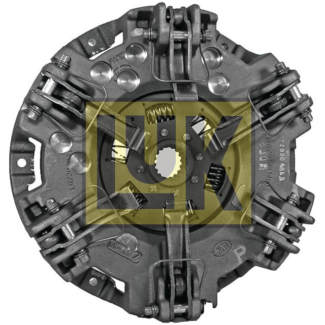 A Clutch Cover Assembly - S.62380 by Sparex, featuring a circular metallic design integrated with springs and intricate components, marked by a prominent yellow "LUK" logo in the center, showcasing dual cover size precision.