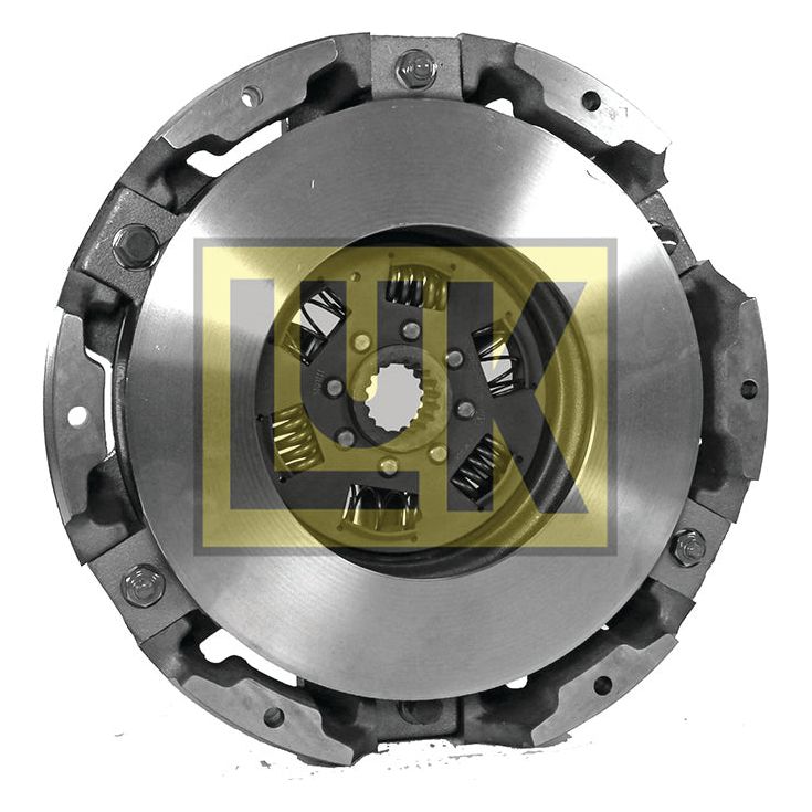 A circular automotive Clutch Cover Assembly - S.62380 by Sparex, showcasing visible springs and metal components with the initials "LK" overlaid in yellow at the center, featuring a dual cover design.