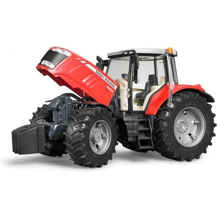 The Bruder MF 7624 (X993060046000) by AGCO is a red and black tractor model, perfect for children ages 3 years and up. It features a hood that lifts to reveal intricate engine details. With large, rugged tires and clear cab windows, this toy is both educational and fun.