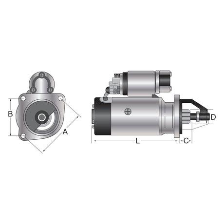 Technical diagram of the Starter Motor - 12V, 2.7Kw (Sparex) | Sparex Part No.S.62405, showing a side view and front view with labeled dimensions A, B, C, D, and L. The part includes cylindrical and metallic structures with connectors. Suitable for 12V systems from the Sparex brand.