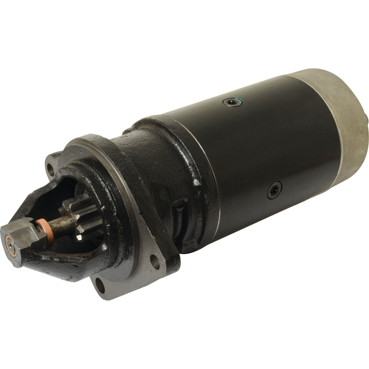 A 12V, 3Kw Starter Motor from Sparex (Part No. S.62406) featuring a cylindrical black design, metallic gear and mounting bracket on one end, and a smooth capped end on the other.