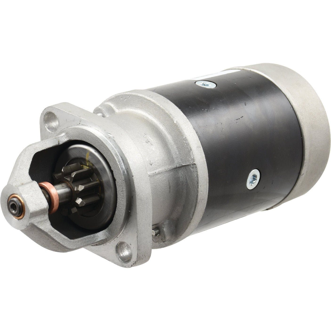 Close-up of the Sparex Starter Motor - 24V, 3.2Kw (Sparex Part No.S.62408) for Fiat vehicles, showcasing its cylindrical, silver and black design with visible gear components on one end and mounting brackets.