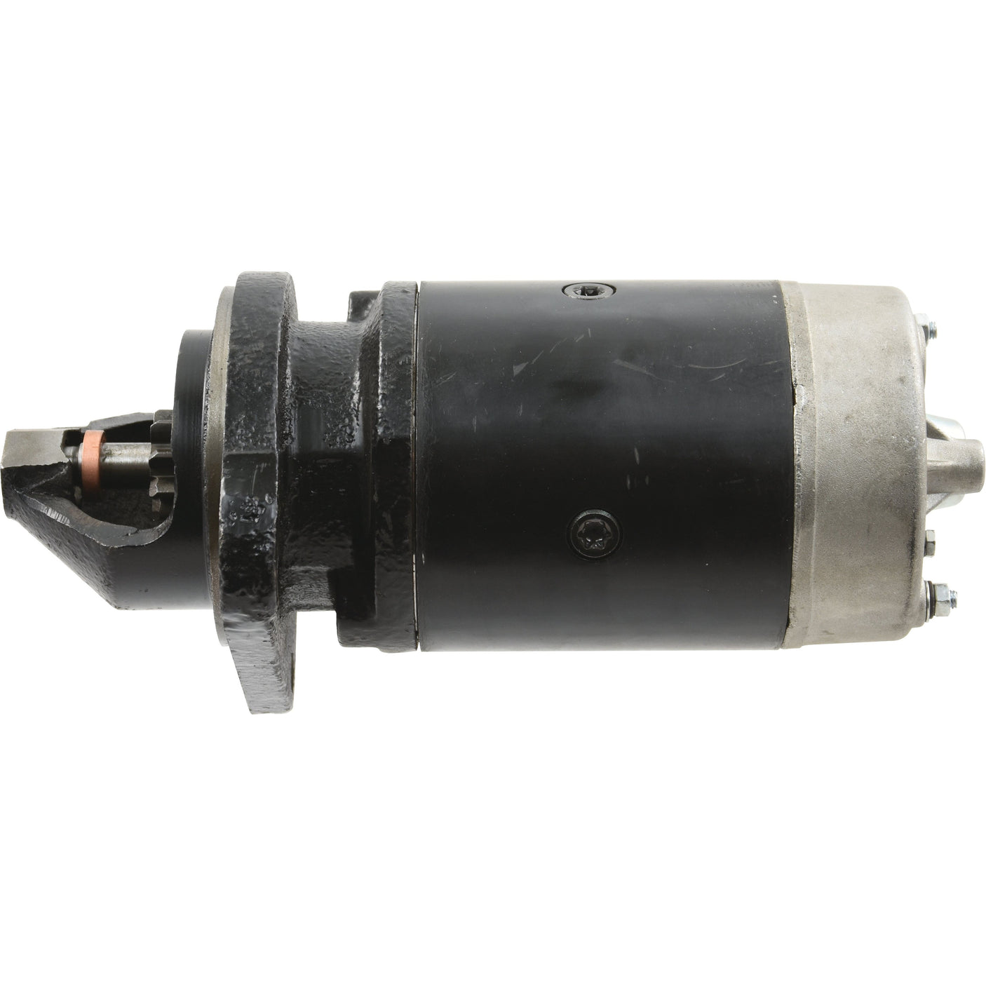 A cylindrical black and metallic component, resembling the Starter Motor - 12V, 2.7Kw (Sparex), with a bolt attachment and wiring connectors, ideal for replacing your Sparex equipment's motor.