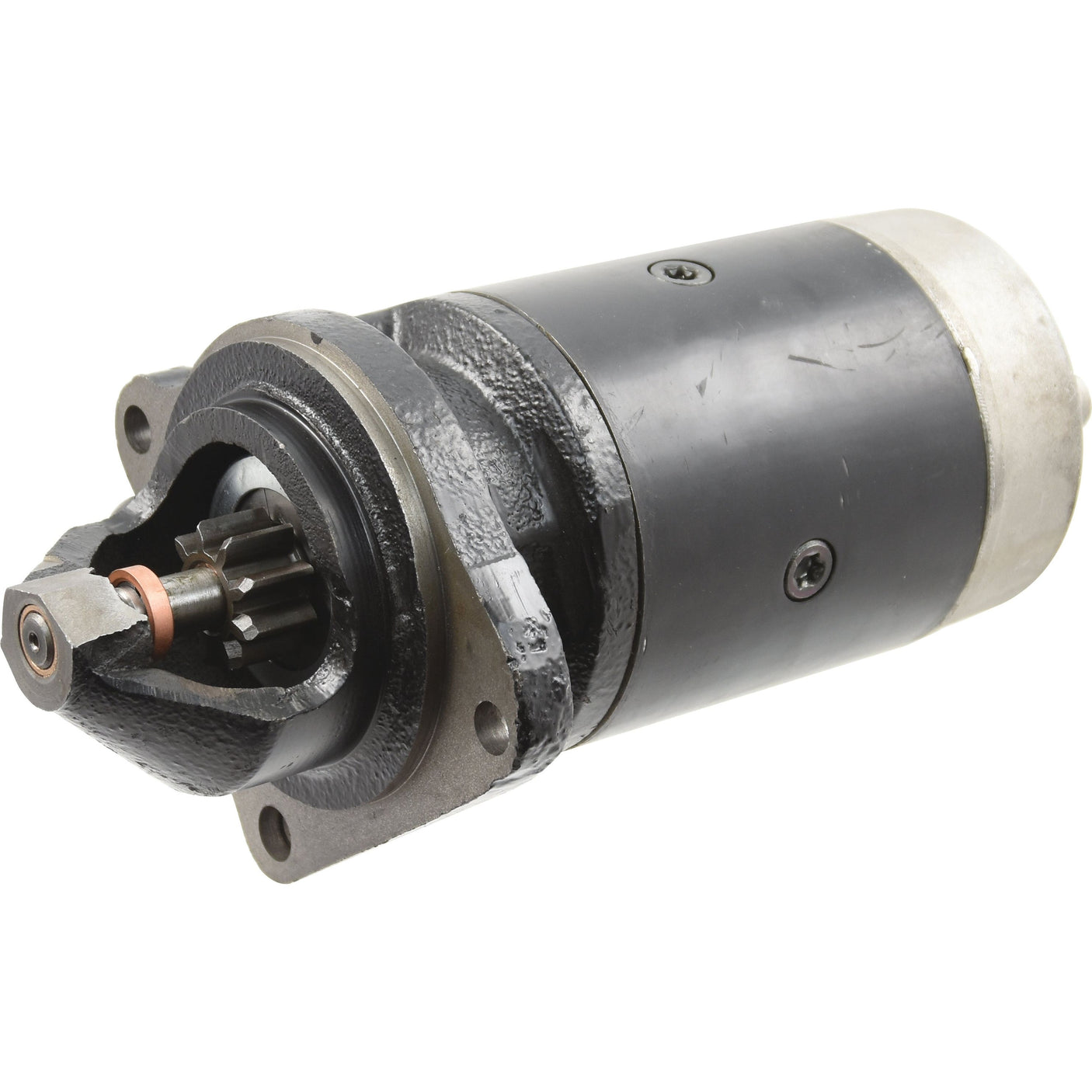 Image of a black and metallic Starter Motor - 12V, 2.7Kw (Sparex) for an internal combustion engine, displaying gear mechanism and mounting plate.