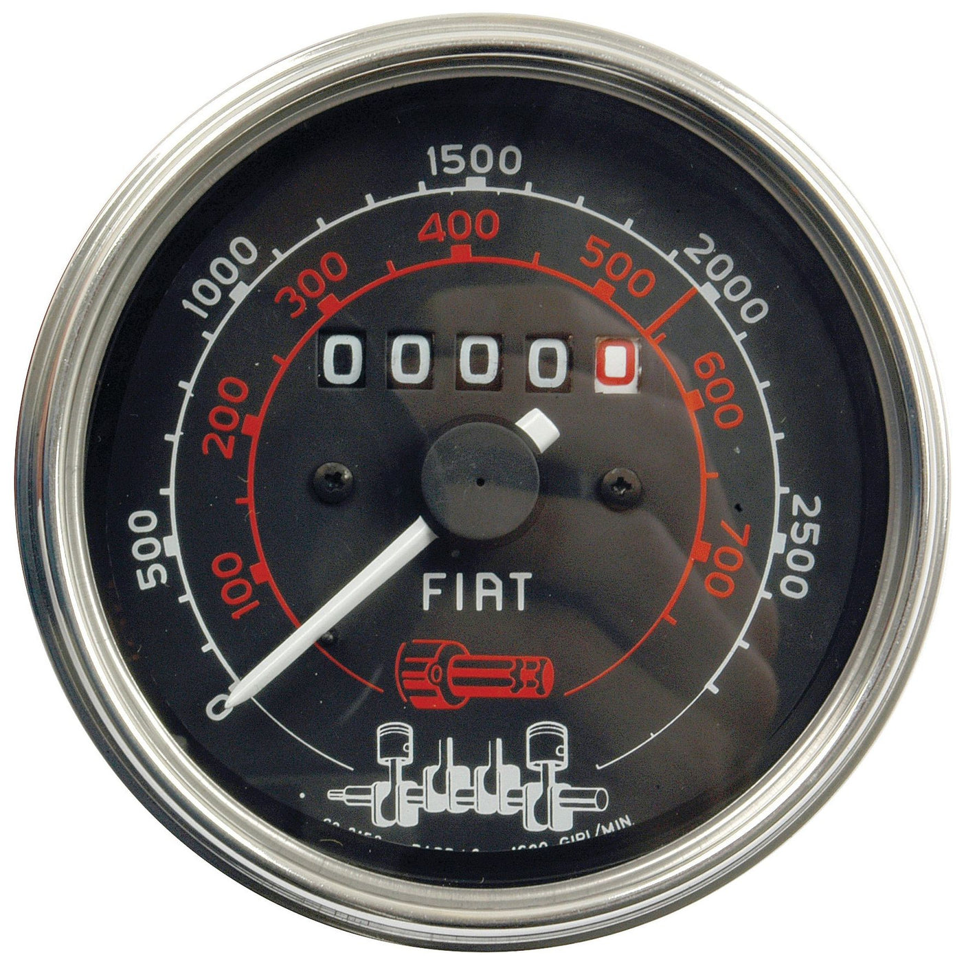 The Tachometer (Sparex Part No. S.62414) is a round mechanical gauge featuring a chrome bezel and an RPM display that goes up to 2500. It has a black background, white numbers, and a red needle currently indicating 600 RPM. The "FIAT" brand name is prominently displayed at the center, making it an ideal accessory for Universal Tractors from Sparex.
