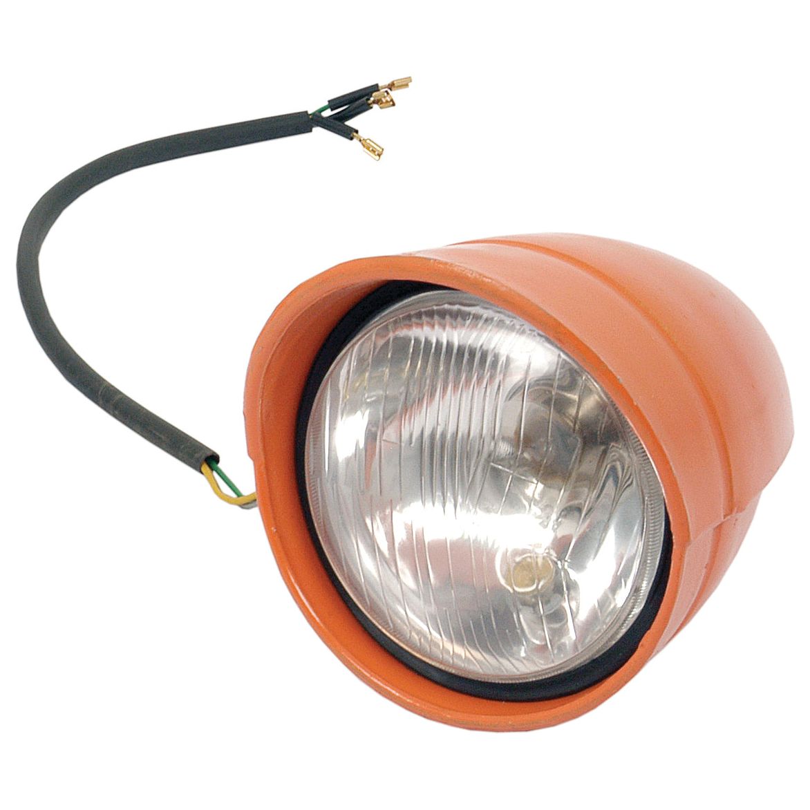 The Sparex Head Light, (Halogen), LH, 12V - S.62415 is an orange, round motorcycle headlight with a clear lens and attached wiring.