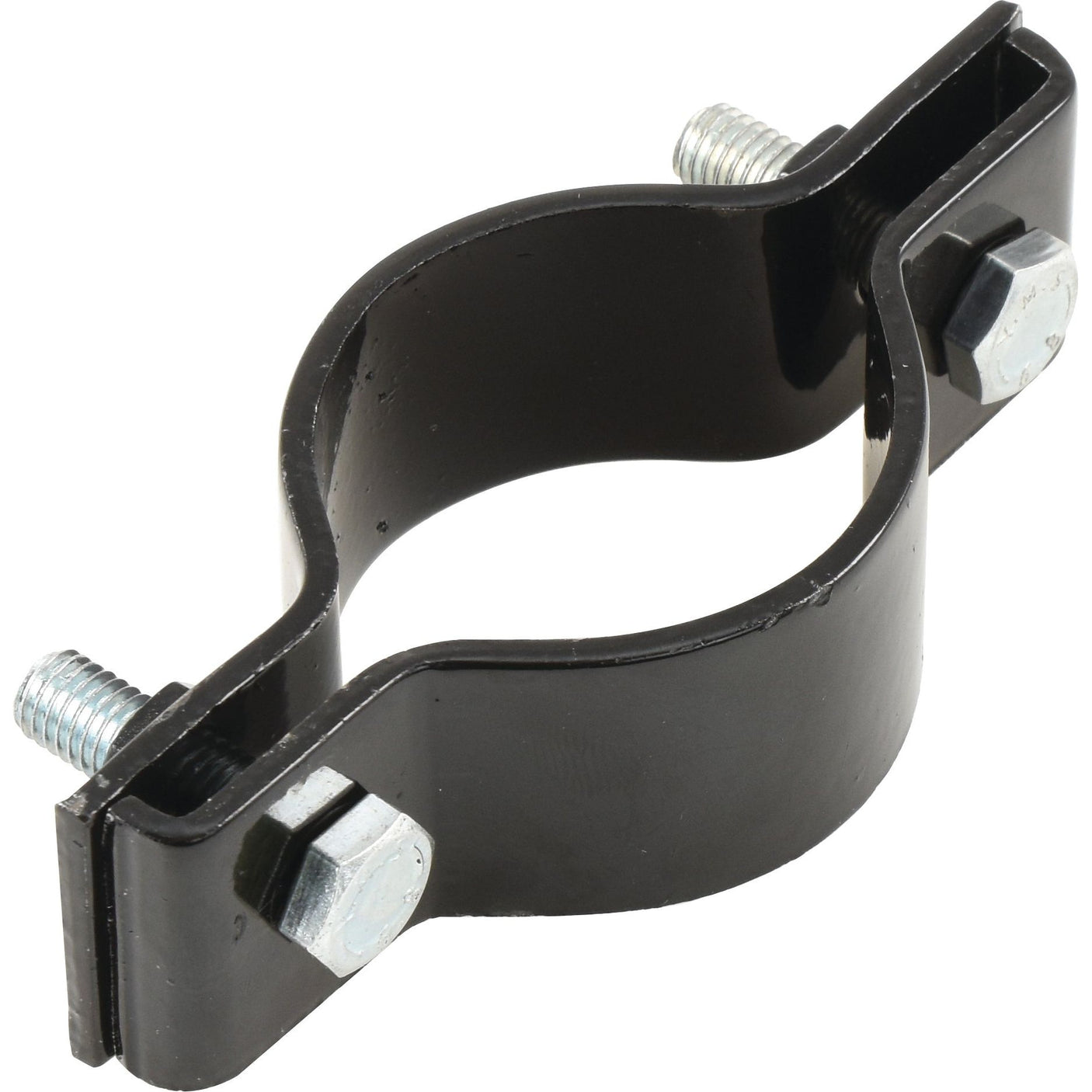 A black metal silencer clamp, 50mm in size, featuring two hex bolts and nuts, available under Sparex Part No.S.62420 from the Sparex brand.