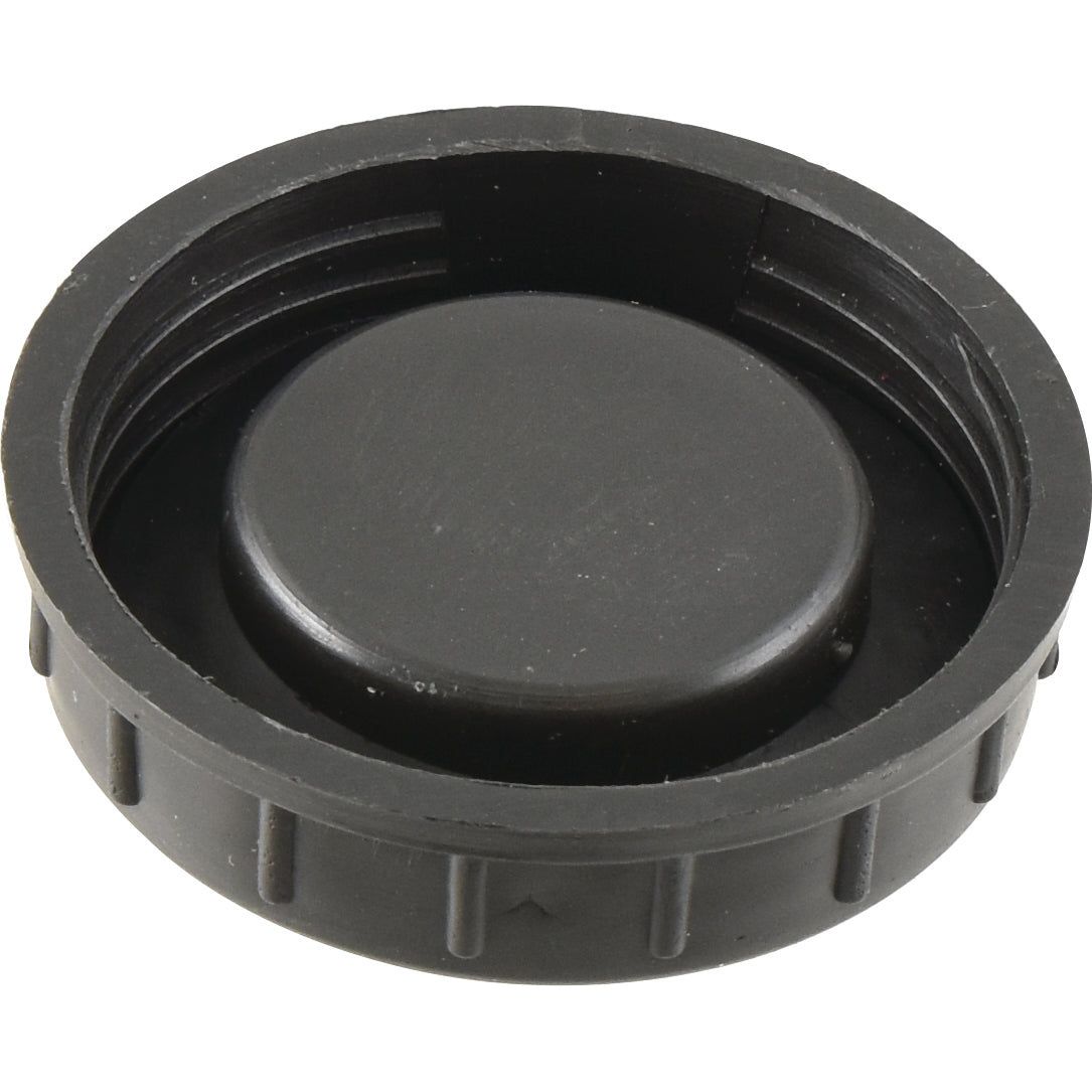 A black plastic screw-on engine oil cap with a flat, raised center and textured edges, compatible with Fiat 5106842 models. Product Name: Engine Oil Cap | Sparex Part No.S.62437 by Sparex.