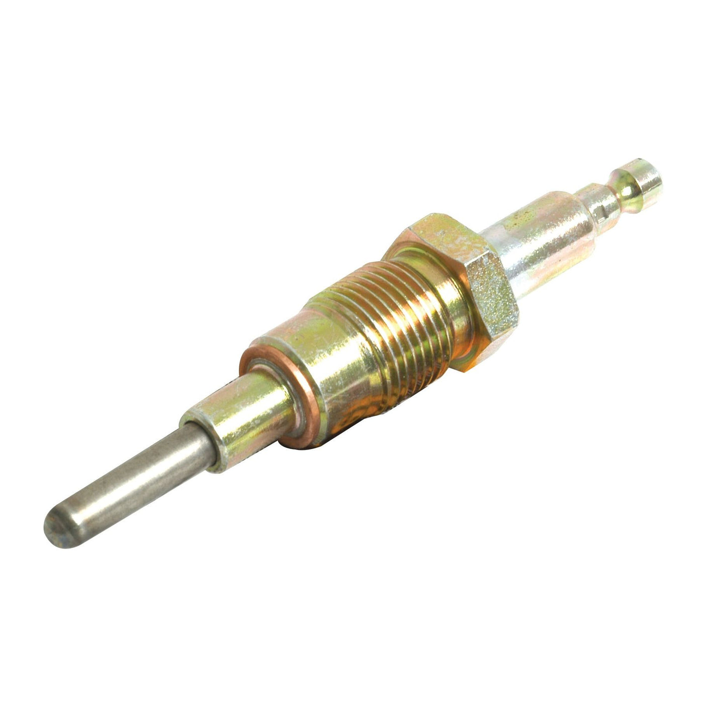 Close-up of the Glow Plug - S.62445 by Sparex, featuring a metallic design with a threaded base and an electrode tip, highlighting its overall length and precise thread size.