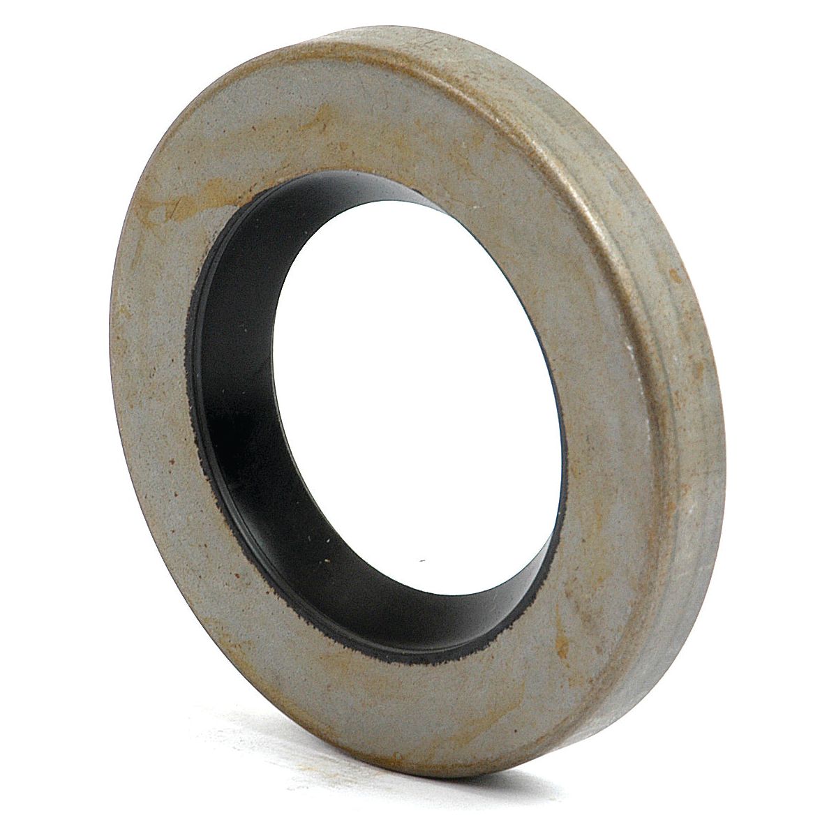 A metallic, circular washer featuring a black inner ring, similar in appearance to the Sparex Metric Rotary Shaft Seal (42 x 72 x 10mm | Sparex Part No. S.62447), stands upright against a plain white background.