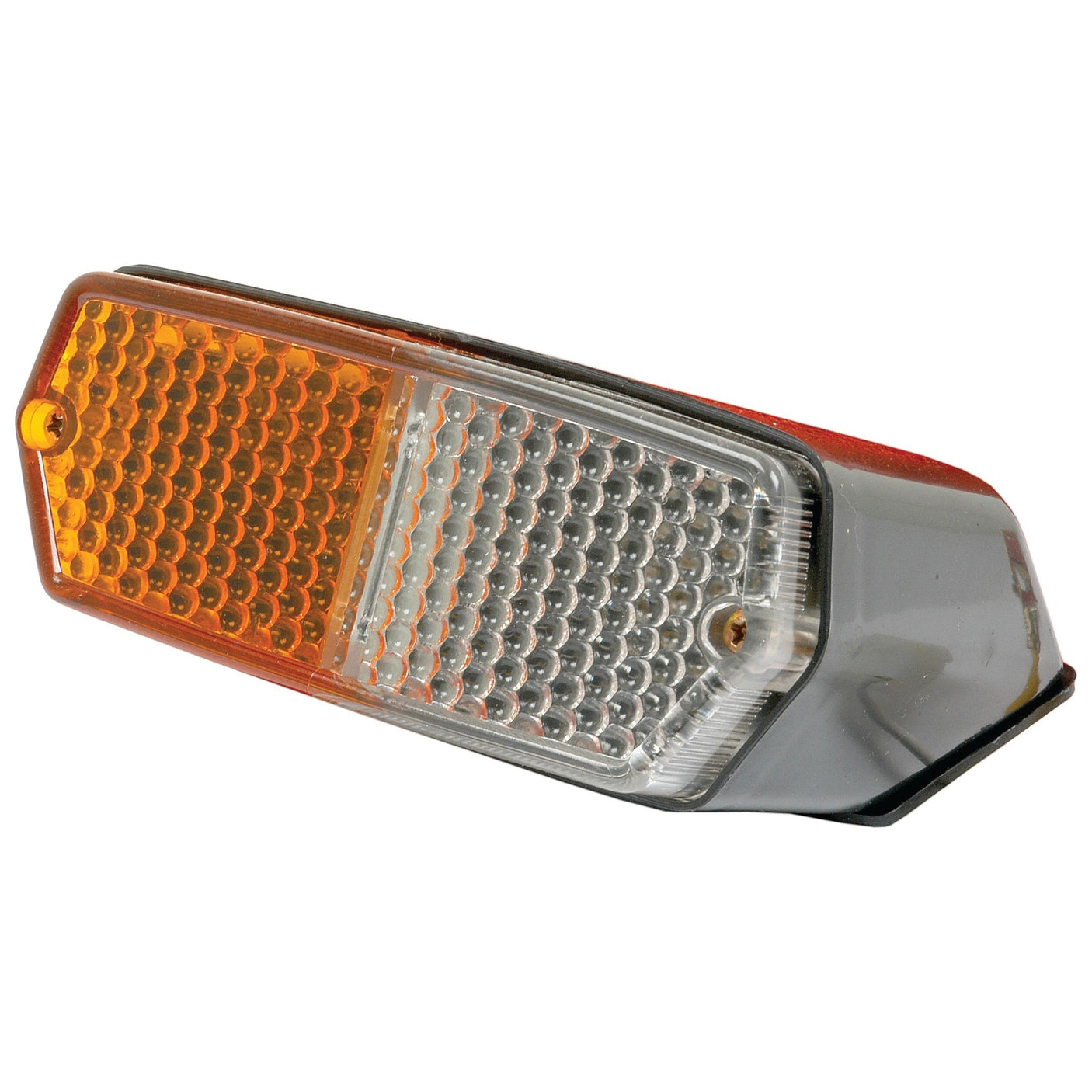 Close-up of the Sparex Front Combination Light (Halogen), featuring amber and clear lens sections, mounted in a black reinforced polycarbonate housing, 12V, RH, Straight - S.62455.