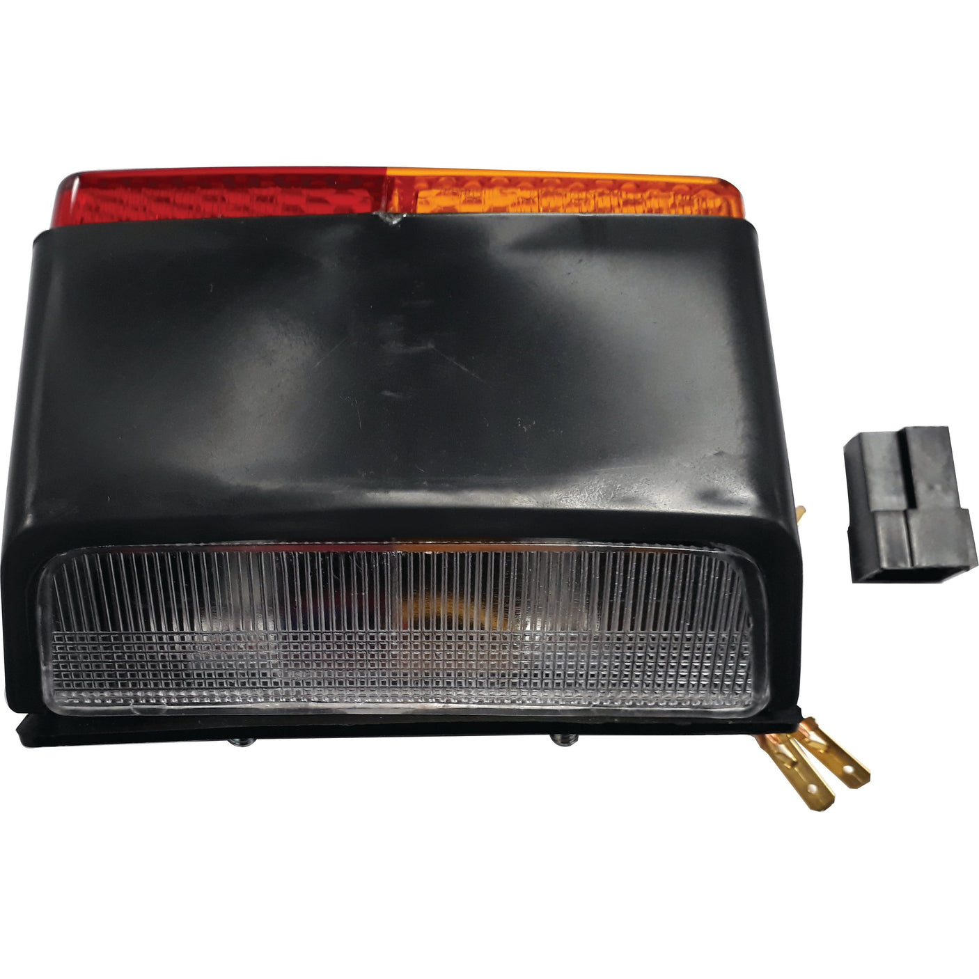 The Sparex Rear Combination Light (S.62457) is a rectangular, 12V halogen vehicle tail light for the right-hand side. It includes red and amber indicator sections, a clear brake light section, and features a durable black casing made from reinforced polycarbonate. Additionally, it’s equipped with a black electrical connector beside the light.