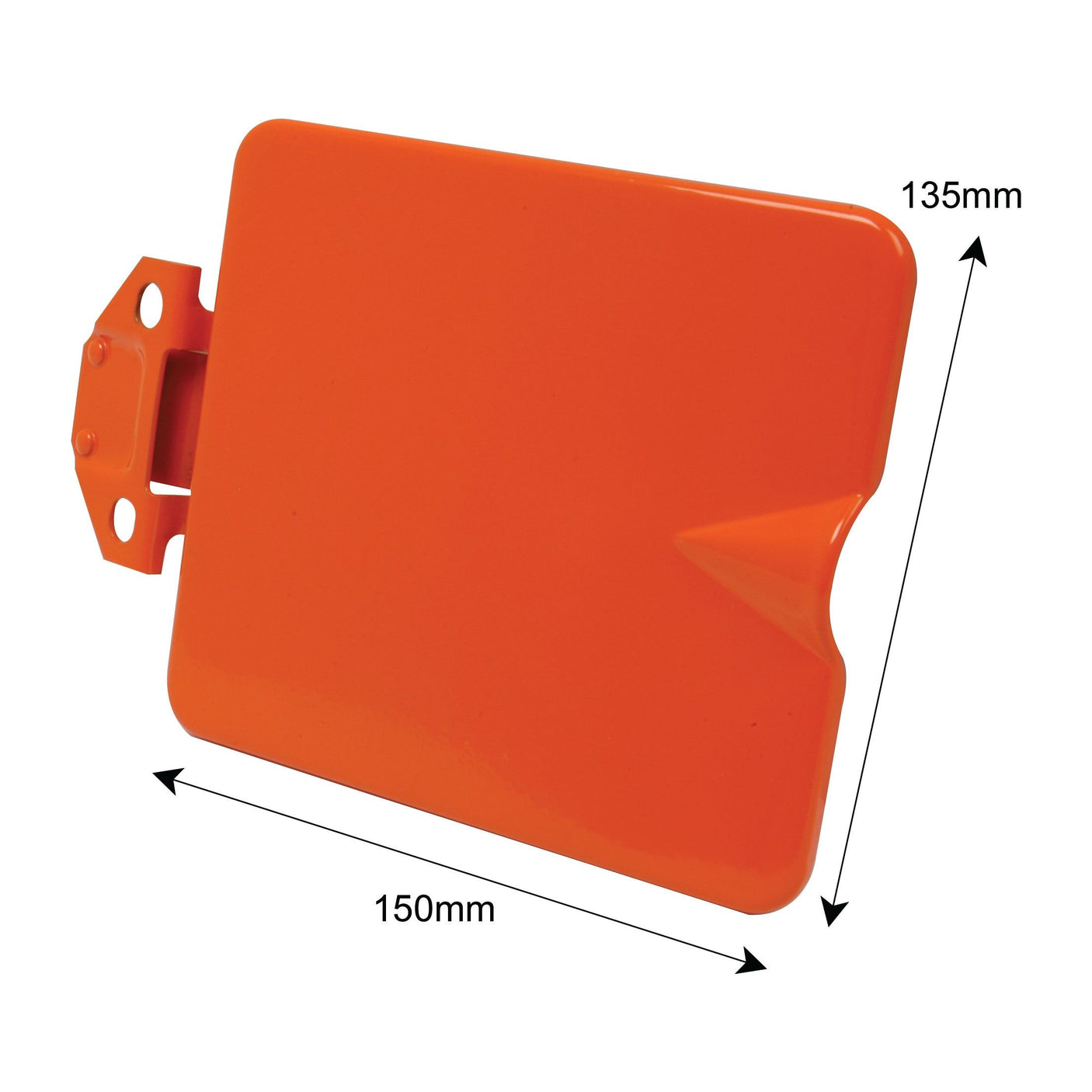 An orange rectangular object with a total length of 150mm and a width of 135mm, featuring a small mounting bracket on one side, most likely intended to be the Sparex Fuel Tank Cover Panel (Part No. S.62459).