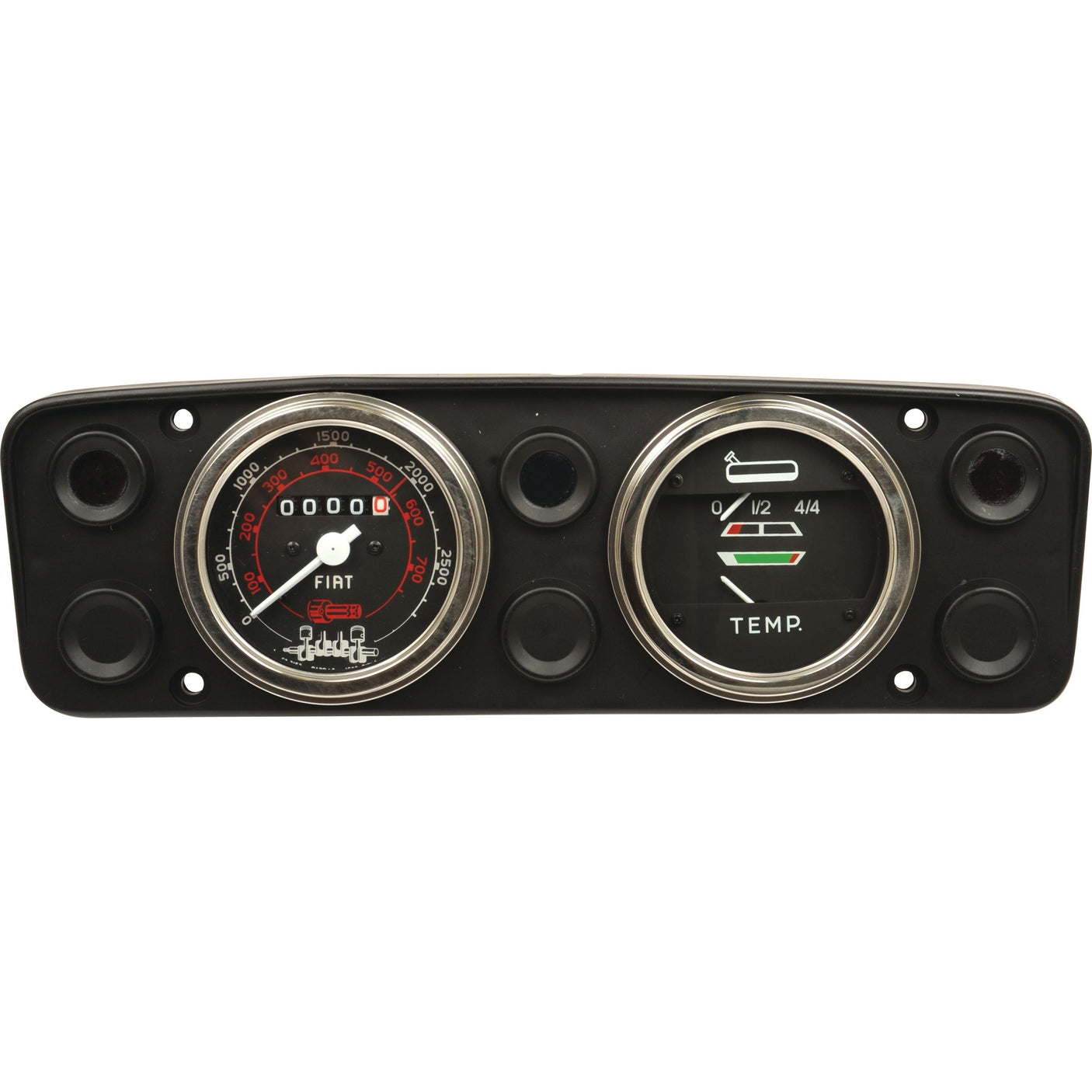 A classic car dashboard instrument panel, the Sparex Instrument Panel (Part No. S.62472), featuring a speedometer, odometer, fuel gauge, and temperature gauge, framed in black with chrome accents, reminiscent of vintage Fiat elegance.