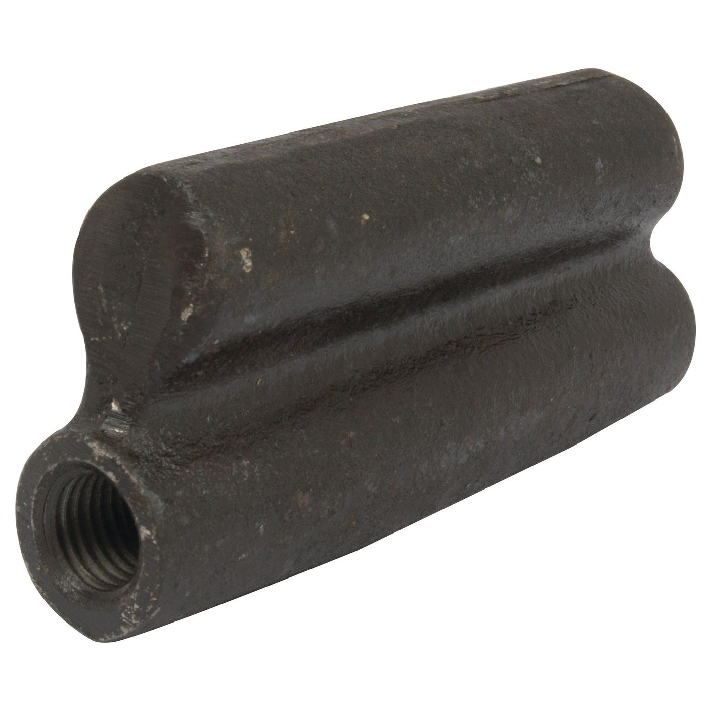 The Stabiliser Turnbuckle 125mm - M16x2 Metric by Sparex (Part No. S.62493) is a piece of dark metal with a straight, cylindrical shape featuring a central, hollow, threaded hole with Metric Thread size and slightly textured surface, perfect for Sparex or Allis Chalmers applications.