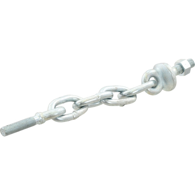 A Sparex Check Chain with 5 links and a hole diameter optimized for Tractor parts, featuring a threaded bolt at one end and a washer secured by a nut and locknut at the other—perfect for applications requiring Sparex Part No. S.62494.