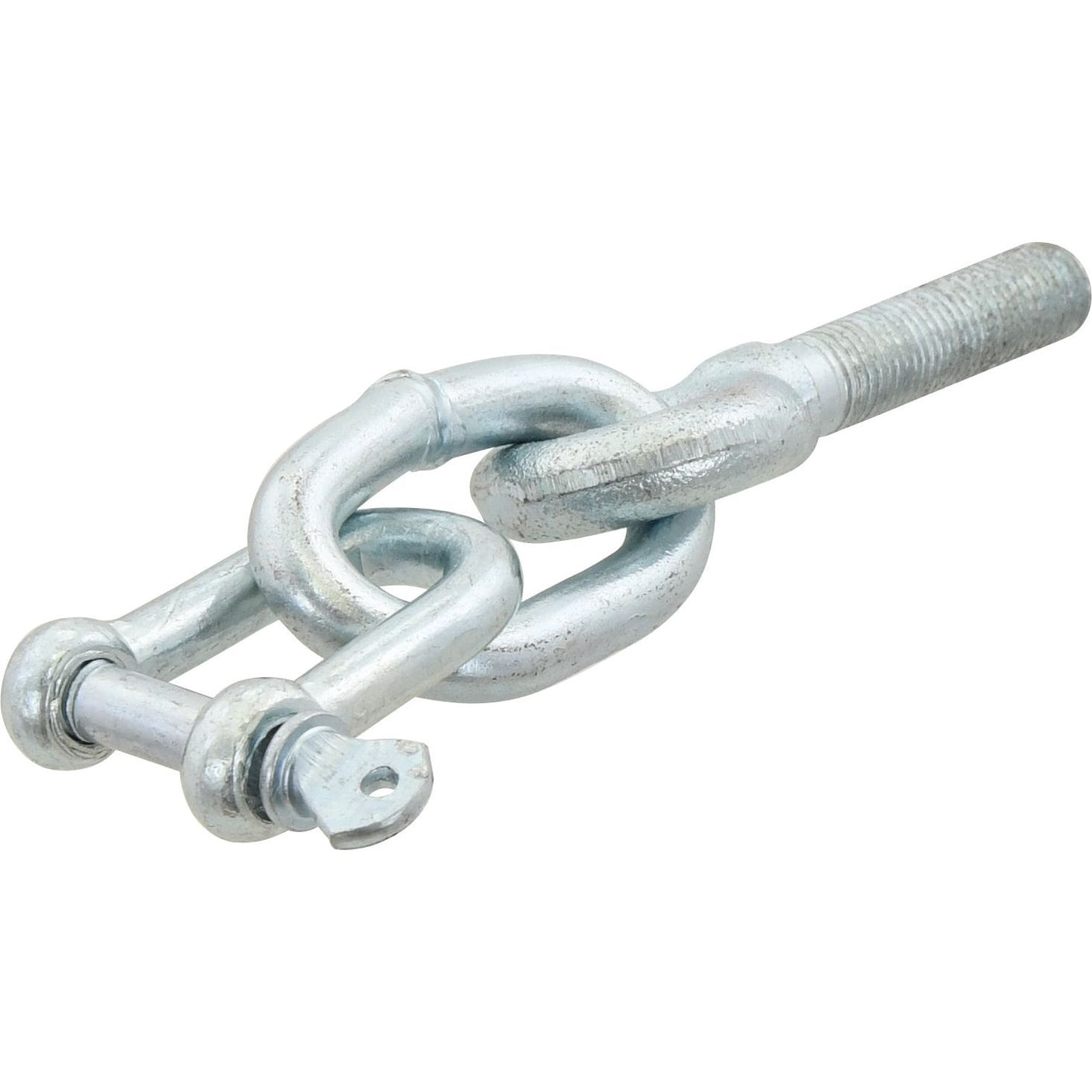 Introducing the Sparex Check Chain, featuring 3 links with a hole diameter – Part No. S.62497. This metal turnbuckle includes a bolt and shackle, making it ideal for tensioning and adjusting the length of cables, ropes, or wires. It is specifically compatible with machinery from Sparex and suitable for applications involving Allis Chalmers and Fiat equipment.