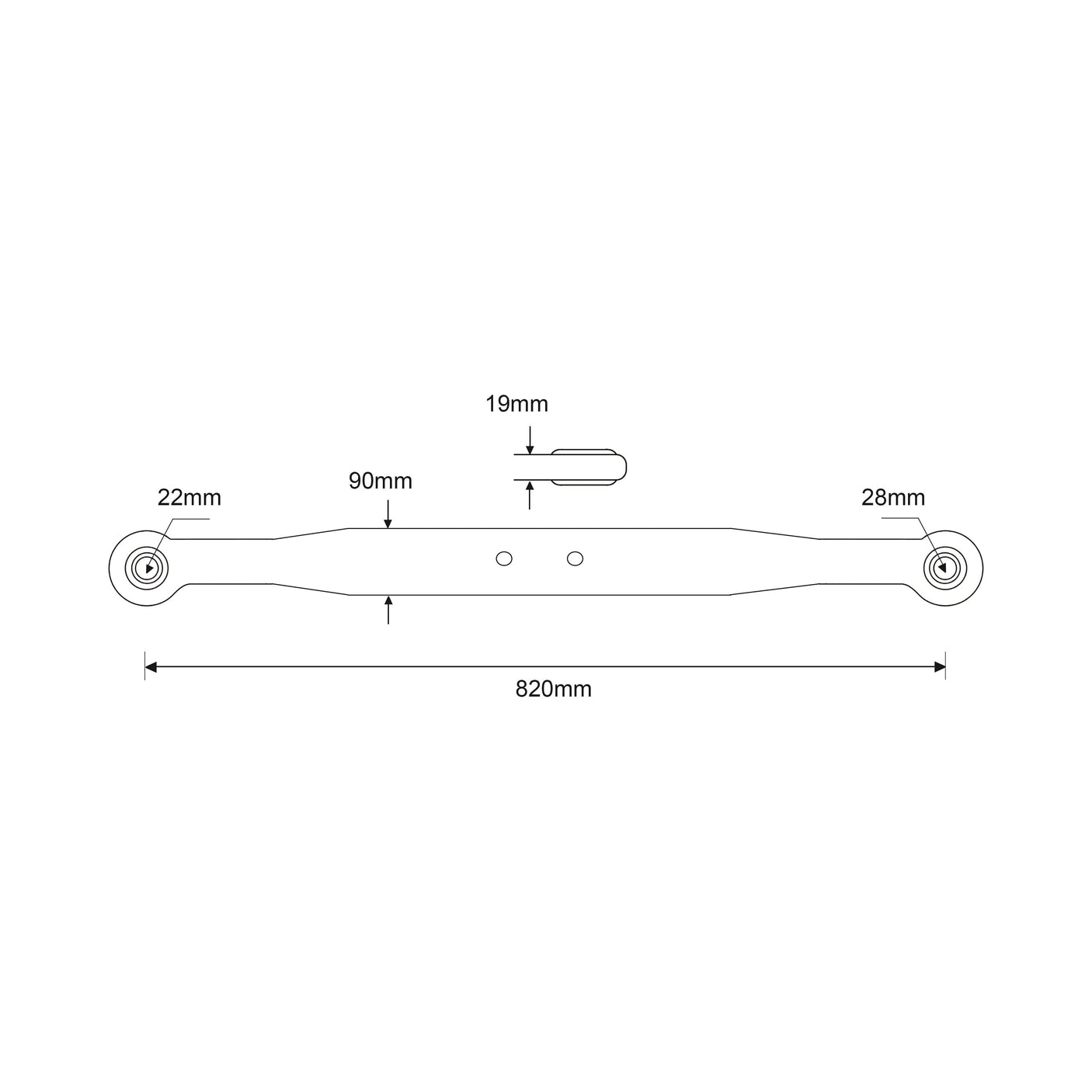 Diagram of the Lower Link Lift Arm from Sparex (Part No. S.62498). Total length: 820mm; middle thickness: 19mm; left end ball diameter: 22mm; left taper length: 90mm; right end ball diameter: 28mm; right taper length: also included. Perfect for tractor parts, including applications requiring ball bore precision.
