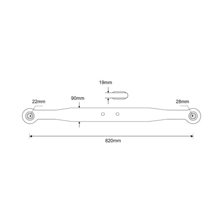 Diagram of the Lower Link Lift Arm from Sparex (Part No. S.62498). Total length: 820mm; middle thickness: 19mm; left end ball diameter: 22mm; left taper length: 90mm; right end ball diameter: 28mm; right taper length: also included. Perfect for tractor parts, including applications requiring ball bore precision.
