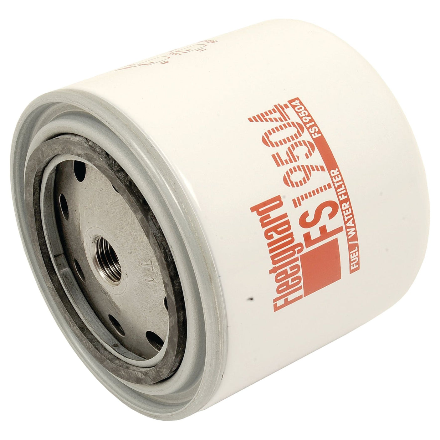 A white cylindrical Sparex Fuel Separator - Spin On - FS19504 (Sparex Part No.S.62530) with red and black text, featuring a metric thread, lies on its side.